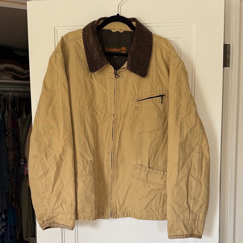 Timberland Waterproof Tan Canvas Field Jacket with Brown Corduroy Collar